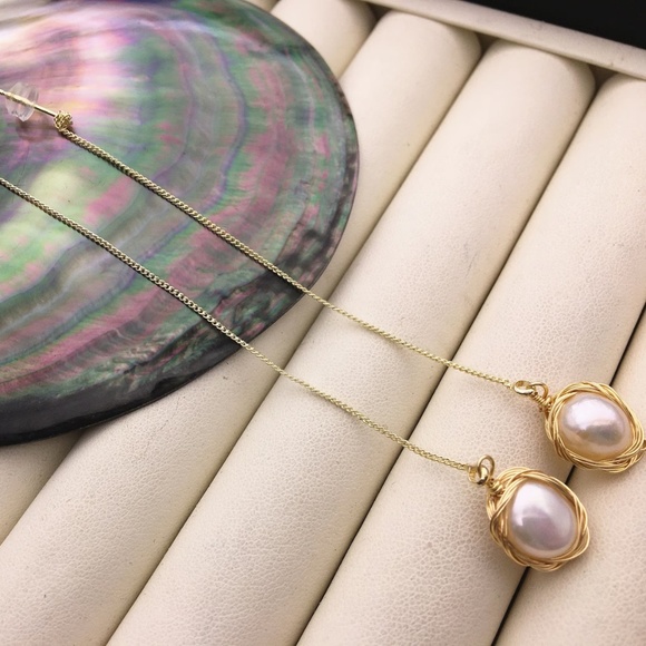 Baroque Pearl Threader Earrings - 14K Gold Plate - Picture 3 of 8